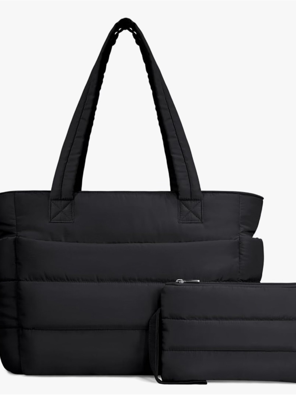 Quilted Puffer Tote Bag with Wristlet – Black